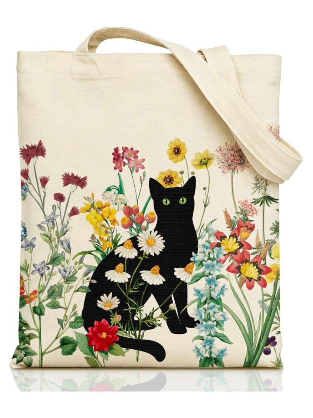 Canvas Tote Bag with Zipper Pocket Cat Floral Reusable Grocery Bag